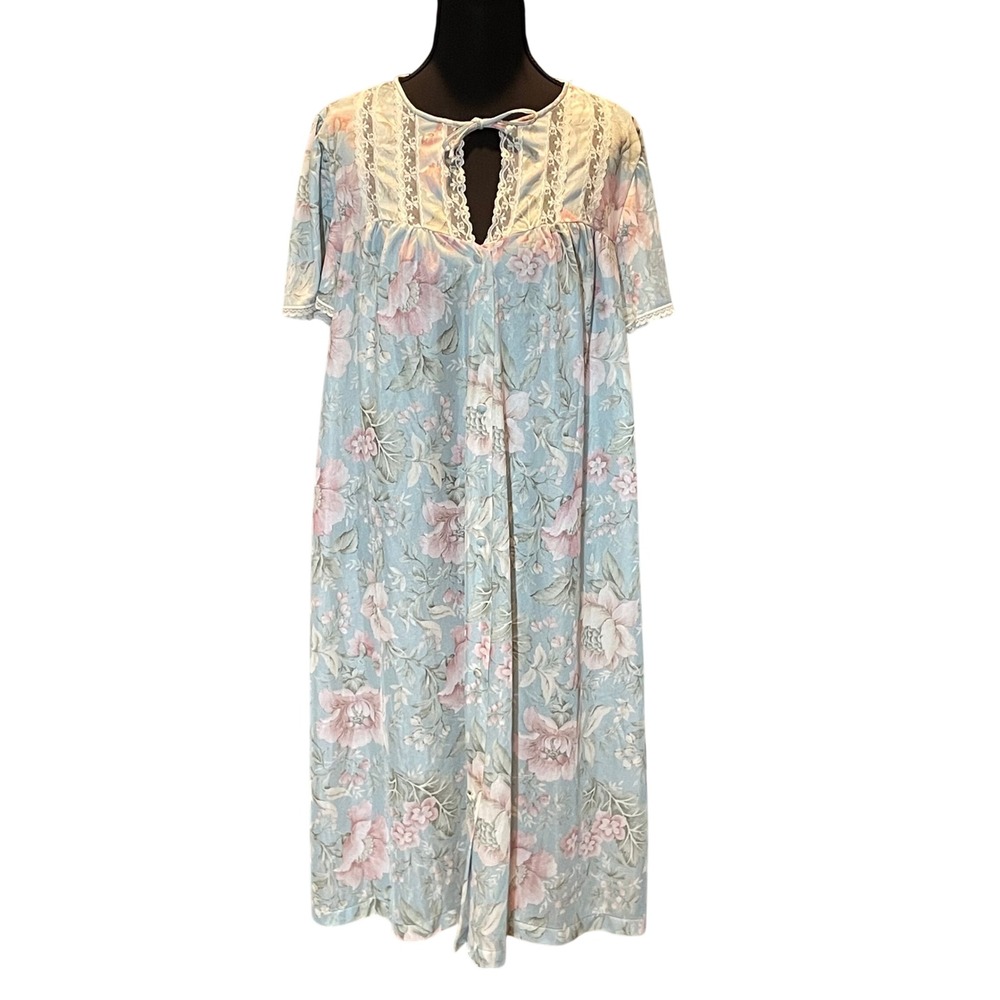 VTG Vanity Fair Floral Pastel Nightgown Lace Trim Short Sleeve USA L Cottagecore